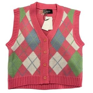 BNWT Bubblegum Pink Button Front Argyle Vest